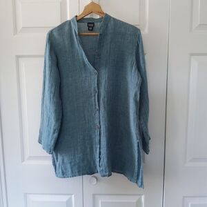 Eileen Fisher Loose 100% Tunic Linen Top Teal Blue Loose Linen Weave